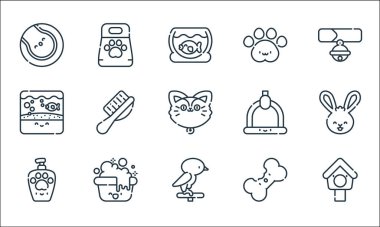 pets line icons. linear set. quality vector line set such as bird house, bird, pet shampoo, dog biscuit, bathing, aquarium, hanger, pawprint, pet food clipart