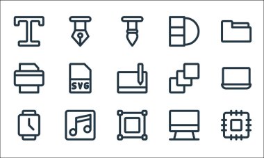 Grafik tasarım çizgisi simgeleri. Doğrusal küme. Cpu, transform, smartwatch, bilgisayar, müzik, yazıcı, sanat tahtası, silgi, kalem gibi kalite vektör dizileri