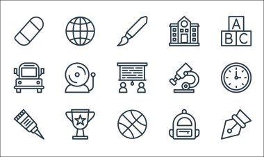 Okul çizgisi simgeleri. Doğrusal küme. Kalem, basketbol, yapıştırıcı, sırt çantası, ödül, otobüs, mikroskop, okul, internet gibi kalite vektör dizileri
