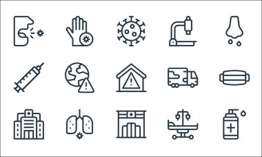 Koronavirüs çizgisi simgeleri. Doğrusal küme. Dezenfektan, eczane, hastane yatağı, zatürree, enjeksiyon, askeri kamyon, mikroskop, el gibi kalite vektör dizileri