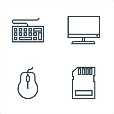 Donanım hattı simgeleri. Doğrusal küme. kalite vektör çizgisi seti, fare, monitör gibi