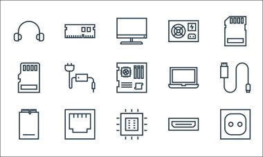 Donanım hattı simgeleri. Doğrusal küme. Elektrik soketi, işlemci, sssd sürücüsü, hdmi portu, ethernet, dizüstü bilgisayar, güç kaynağı, ram gibi kalite vektör dizisi