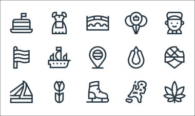 Holland Hattı ikonları. Doğrusal küme. Esrar, buz pateni ayakkabısı, köprü, Hollanda, lale, Hollanda, rookbest, balon, kostüm gibi kalite vektör çizgisi