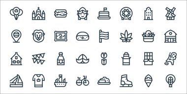 Holland Hattı ikonları. Doğrusal küme. Örgü, buz pateni ayakkabısı, bisiklet, briç, çikolata, bira, ahır, Hollanda, aslan gibi kalite vektör çizgisi