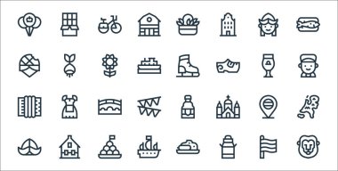 Holland Hattı ikonları. Doğrusal küme. Aslan, süt kutusu, tekne, şapka, Hollanda, köprü, çocuk, buz pateni ayakkabısı, ampul gibi kalite vektör dizileri