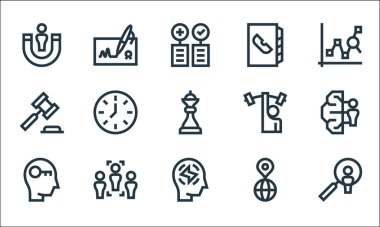 Yönetim çizgisi simgeleri. Doğrusal küme. Arama, enerji, anahtar, dünya, seçim, açık artırma, halter, telefon rehberi, anlaşma gibi kalite vektör dizileri