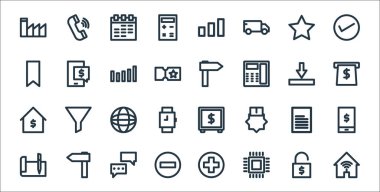 Pazarlama sektörü simgeleri. Doğrusal küme. İnternet, mikroçip, uyarı, yazılı kağıt, dosya, dünya, atm, doğru yol, ekommerce gibi kalite vektör çizgisi