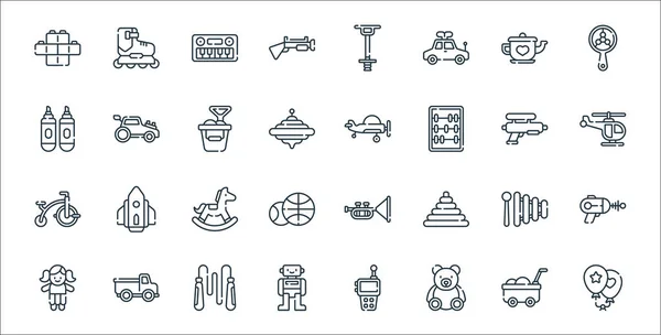 Çocuk oyuncakları çizgisi simgeleri. Doğrusal küme. Balon, oyuncak ayı, robot, bebek, ksilofon, sallanan at, helikopter, uçak, araba oyuncağı gibi kalite vektör dizileri
