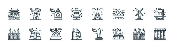 Iconos Línea Del Monumento Mundial Conjunto Lineal Conjunto Línea Vectores — Vector de stock