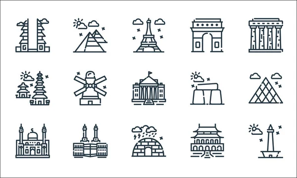 Iconos Línea Del Monumento Mundial Conjunto Lineal Conjunto Línea Vectorial — Vector de stock