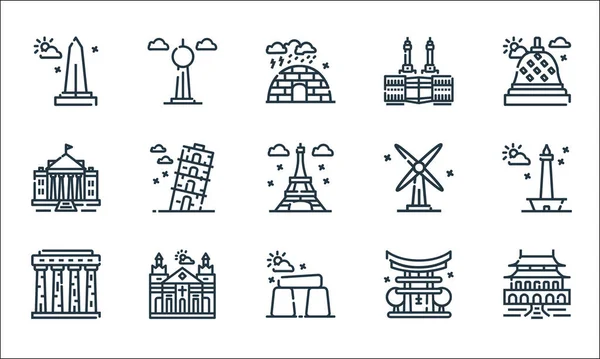 Iconos Línea Del Monumento Mundial Conjunto Lineal Conjunto Línea Vectores — Vector de stock