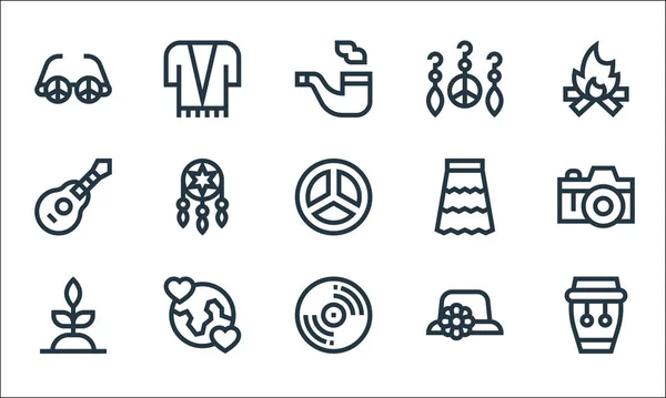 Iconos Línea Hippies Conjunto Lineal Conjunto Línea Vectorial Calidad Como — Vector de stock