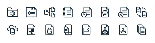 иконки строк документов и файлов. линейное множество. Набор векторных линий качества, таких как файл, аналитика, файл, файл, график,