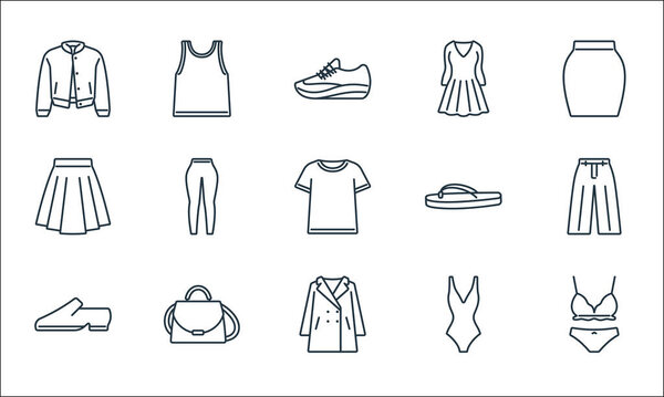 clothes and outfit line icons. linear set. quality vector line set such as underwear, overcoat, shoe, swimsuit, purse, skirt, flip flop, dress, singlet