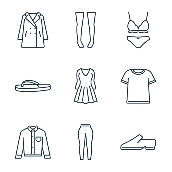 Ρούχα Και Ρούχα Εικονίδια Γραμμή Γραμμικό Σύνολο Ποιότητα Διάνυσμα Σειρά — Διανυσματικό Αρχείο