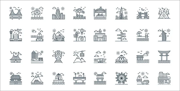 Turizm çizgisi simgeleri. Doğrusal küme. Kaliteli vektör çizgisi çift katlı otobüs, dönme dolap, köprü, Çin tapınağı, sahil, tren, kale, bagaj gibi