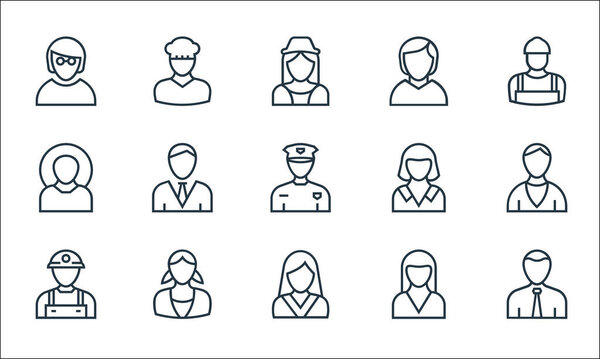 professions line icons. linear set. quality vector line set such as manager, model, miner, nun, nanny, farmer, maid, business woman, baker