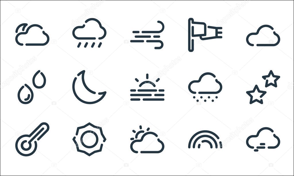 weather line icons. linear set. quality vector line set such as wind, cloudy, thermometer, rainbow, sun, rain, snowy, windsock, rainy