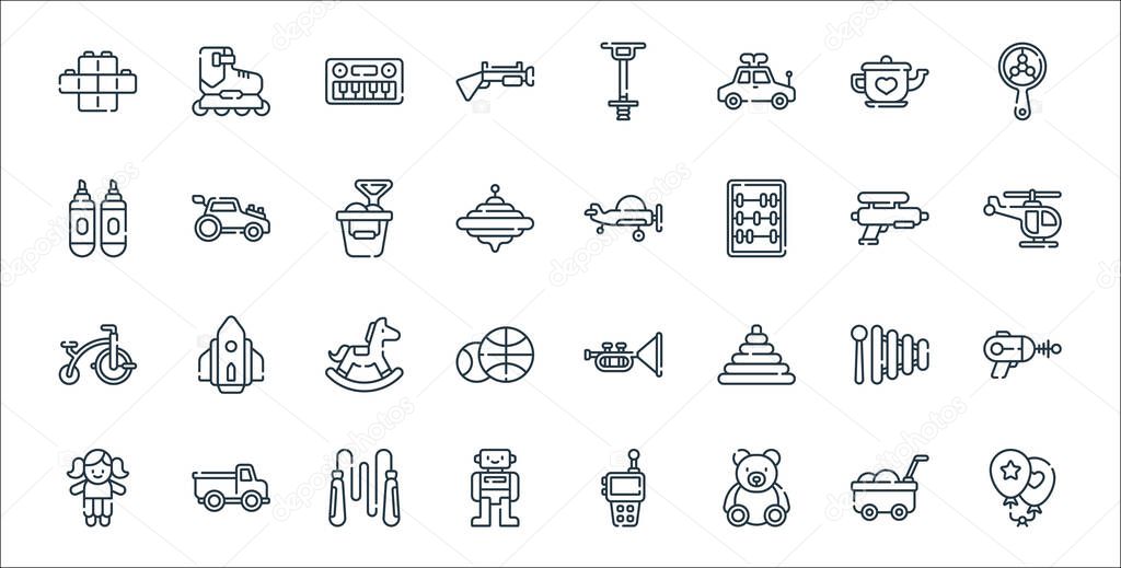 children toys line icons. linear set. quality vector line set such as balloons, teddy bear, robot, doll, xylophone, rocking horse, helicopter, plane, car toy