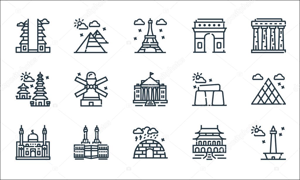 world monument line icons. linear set. quality vector line set such as monas, igloo, mosque, forbidden city, mecca, pura, stonehenge, arc de triomphe, pyramid