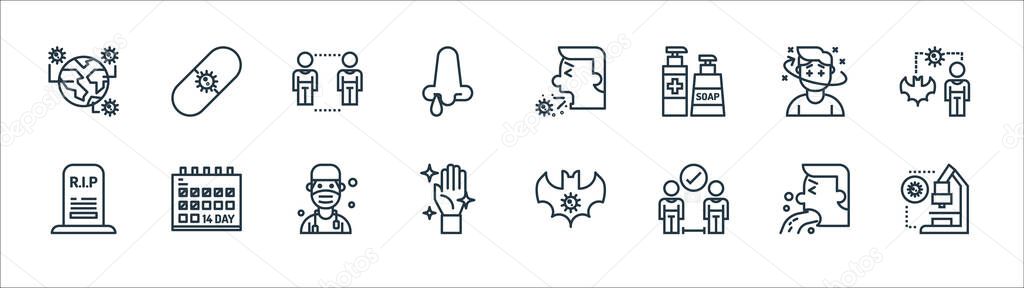 pandemic line icons. linear set. quality vector line set such as research, long distance, hand, death, patient, spreading, cough, antivirus