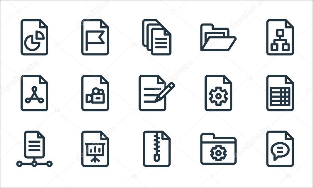 document and files line icons. linear set. quality vector line set such as chat, zip, file, folder, presentation, pdf, settings, folder, flag