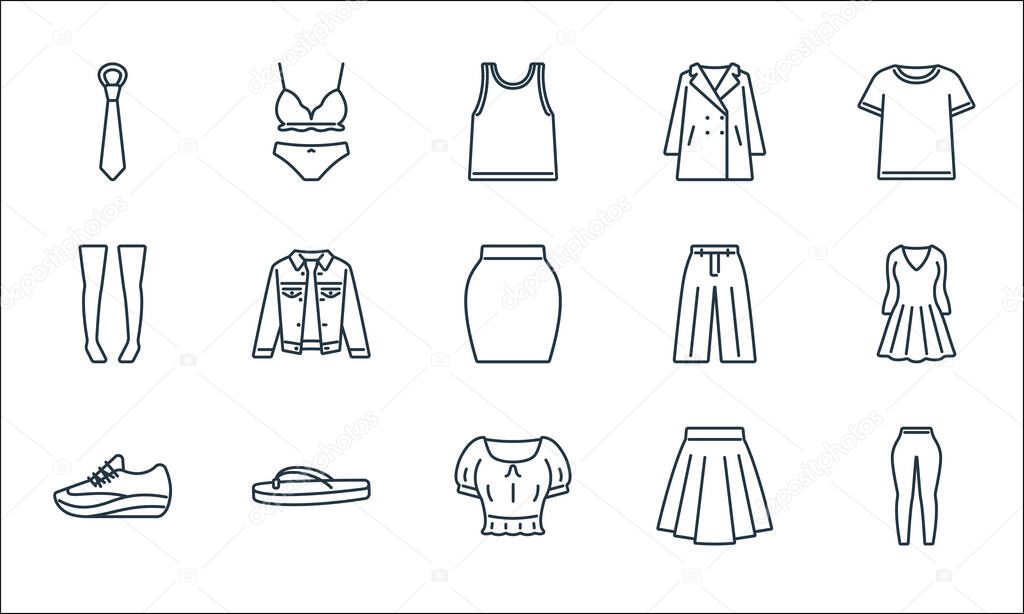 clothes and outfit line icons. linear set. quality vector line set such as leggings, crop top, sport shoe, skirt, flip flop, knee high socks, loose pants, overcoat, underwear