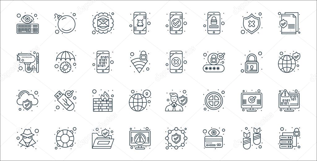 web security line icons. linear set. quality vector line set such as database, cit card, virus warning, hacker, check mark, firewalls, data security, protection