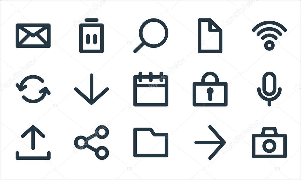 user interface line icons. linear set. quality vector line set such as camera, folder, upload, forward, share, refresh, password, file, delete