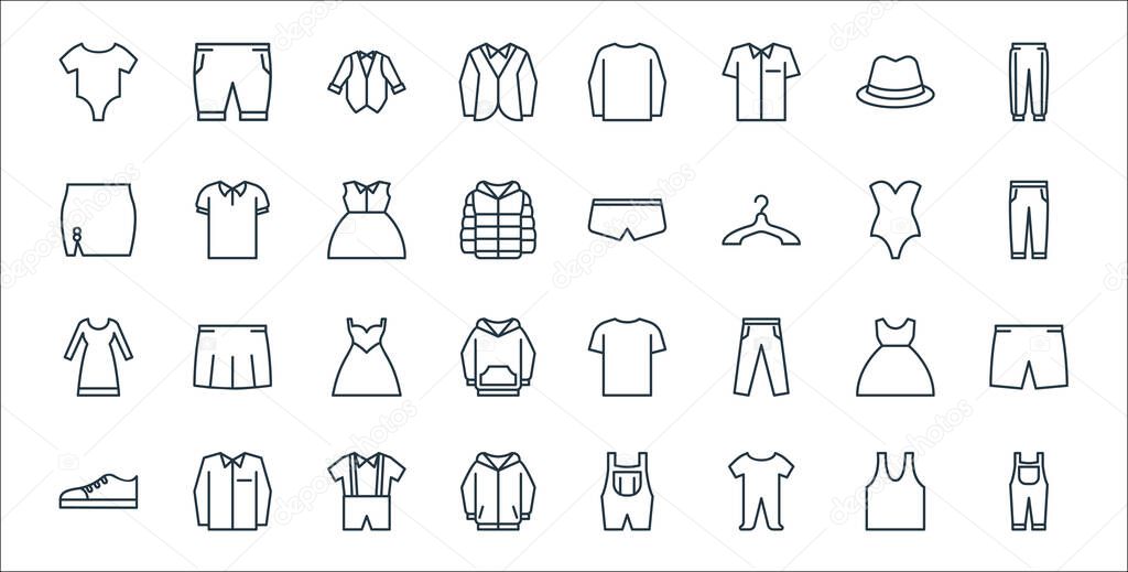 wardrobe line icons. linear set. quality vector line set such as suspenders, baby cloth, hoodie, shoe, gown, gown, trousers, swimsuit, polo shirt