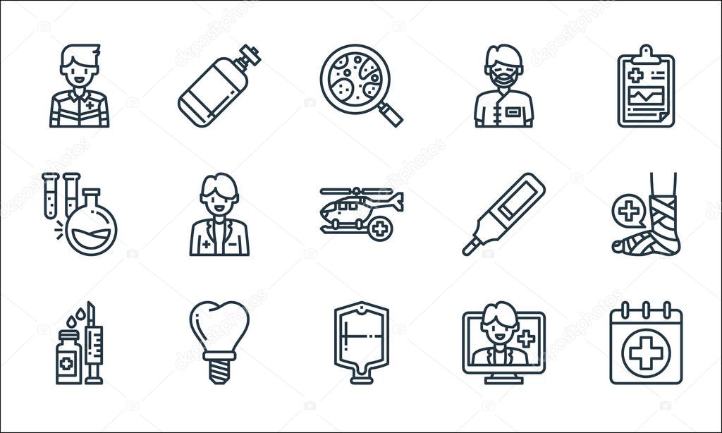 hospital line icons. linear set. quality vector line set such as medical, blood bag, serum, video call, tooth, test tube, thermometer, patient, oxygen tank