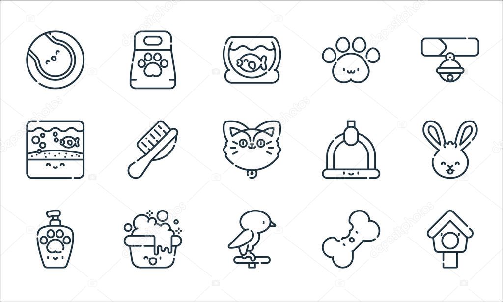 pets line icons. linear set. quality vector line set such as bird house, bird, pet shampoo, dog biscuit, bathing, aquarium, hanger, pawprint, pet food