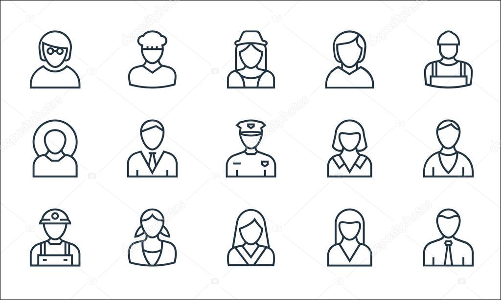 professions line icons. linear set. quality vector line set such as manager, model, miner, nun, nanny, farmer, maid, business woman, baker