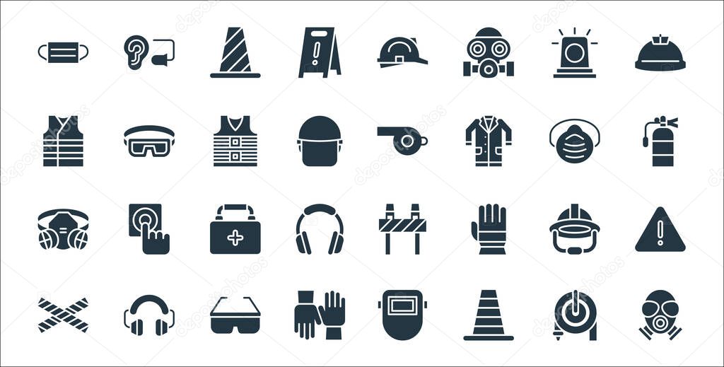 flat rescue and protective line icons. linear set. quality vector line set such as gas mask, cone, gloves, no entry, helmet, first aid kit, whistle, safety goggles