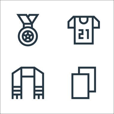 Futbol sahası ikonları. Doğrusal küme. futbol, eşarp, oyuncu gibi kalite vektör çizgisi