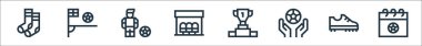 Futbol sahası ikonları. Doğrusal küme. Takvim, krampon, futbol topu, futbol, futbol, saha gibi kalite vektör çizgisi