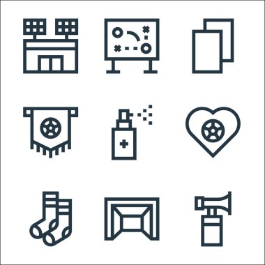 Futbol sahası ikonları. Doğrusal küme. Hava kornası, futbol, futbol çorapları, aşk, ilaç, futbol, futbol, oyun stratejisi gibi kalite vektör çizgisi