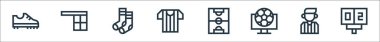 Futbol sahası ikonları. Doğrusal küme. Skor tablosu, hakem, futbol sahası, hakem, futbol çorapları gibi kalite vektör çizgisi,