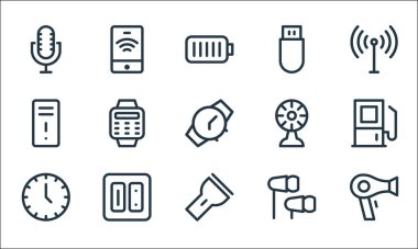 Elektronik hat simgeleri. Doğrusal küme. Saç kurutma makinesi, el feneri, saat, kulaklık, elektrik prizi, işlemci, soğutucu, kalem sürücüsü, akıllı telefon gibi kalite vektör dizileri