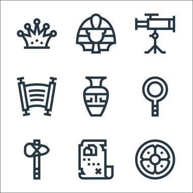 Tarih çizgisi simgeleri. Doğrusal küme. Kalite vektör çizgisi, kalkan, hazine haritası, çekiç, loupe, pot, torah, astronomi, firavun gibi.