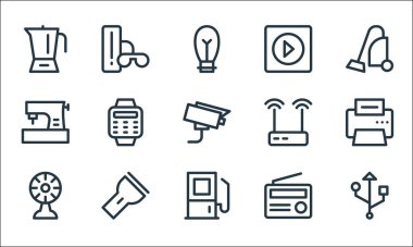 Elektronik hat simgeleri. Doğrusal küme. Veri kablosu, benzin istasyonu, soğutucu, radyo, el feneri, dikiş makinesi, kablosuz yönlendirici, müzik çalar, oyun denetleyici gibi kalite vektör dizisi