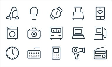 Elektronik hat simgeleri. Doğrusal küme. Radyo, telefon, saat, saç kurutma makinesi, klavye, çamaşır makinesi, dizüstü bilgisayar, tost makinesi, masa lambası gibi kalite vektör dizileri