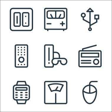 Elektronik hat simgeleri. Doğrusal küme. Fare, ağırlık ölçeği, smartwatch, radyo, oyun denetleyici, uzaktan kumanda, veri kablosu, voltaj göstergesi gibi kalite vektör çizgisi kümesi
