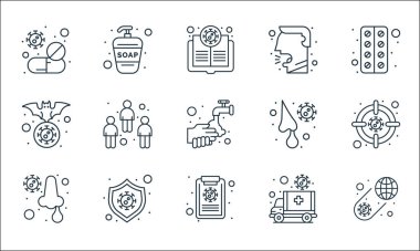 Koronavirüs çizgisi simgeleri. Doğrusal küme. Dünya çapında kalite vektör dizisi, tıbbi rapor, burun akışı, ambulans, virüs, yarasa, burun akışı, öksürük, el yıkama