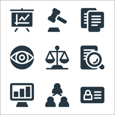 İş dünyası simgeleri. Doğrusal küme. Kimlik kartı, ortaklık, büyüme grafiği, hukuk, siber güvenlik, anlaşma, açık artırma gibi kalite vektör çizgisi