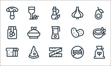 Beslenme çizgisi simgeleri. Doğrusal küme. Un, mezura, ekmek, et, peynir, bal, patates, sarımsak, şarap gibi kalite vektör çizgisi