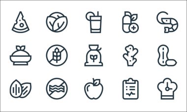 Beslenme çizgisi simgeleri. Doğrusal küme. Saat, elma, badem, beslenme uzmanı, et, humus, zencefil, vitamin, lahana gibi kalite vektör dizileri