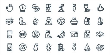 Beslenme çizgisi simgeleri. Doğrusal küme. Badem, turp, zencefil, soya, bal, tuz, zeytinyağı, lahana, fıstık gibi kalite vektör çizgisi