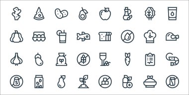 Beslenme çizgisi simgeleri. Doğrusal küme. Yumuşak içecek, vitamin, bitki, tuz, beslenme uzmanı, un, tavuk, ekmek, yumurta gibi kalite vektör çizgisi