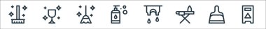 Temizlik çizgisi simgeleri. Doğrusal küme. kalite vektör çizgisi: ıslak zemin, kepçe, ütü masası, kıyafetler, sabun, süpürge, şarap kadehi